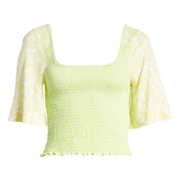 NWT Free People Key Lime Combo Print Smocked Top - Picture 7 of 11